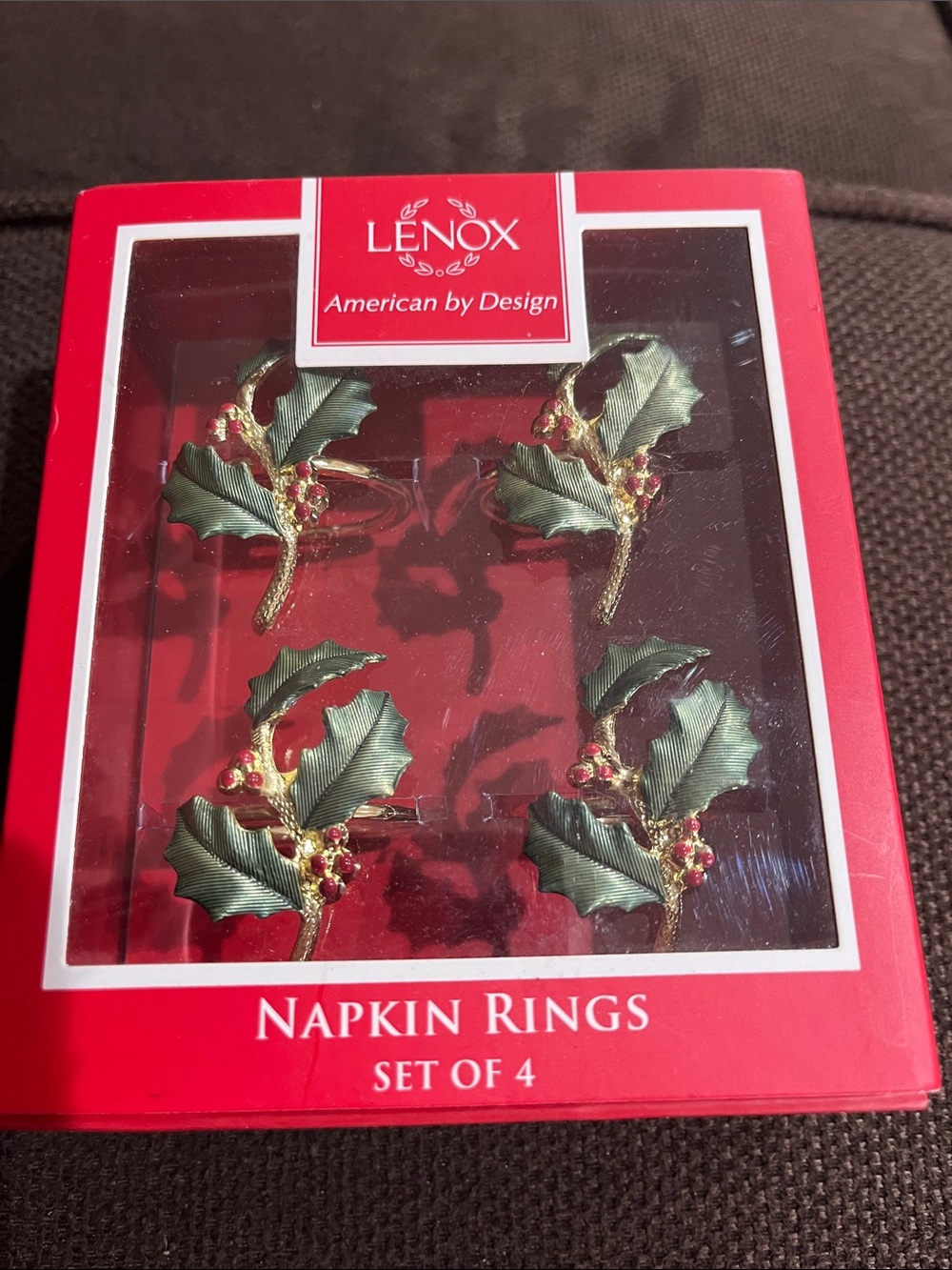 Lenox Green and Gold Holly Napkin Rings with Red Berries - Set of 4